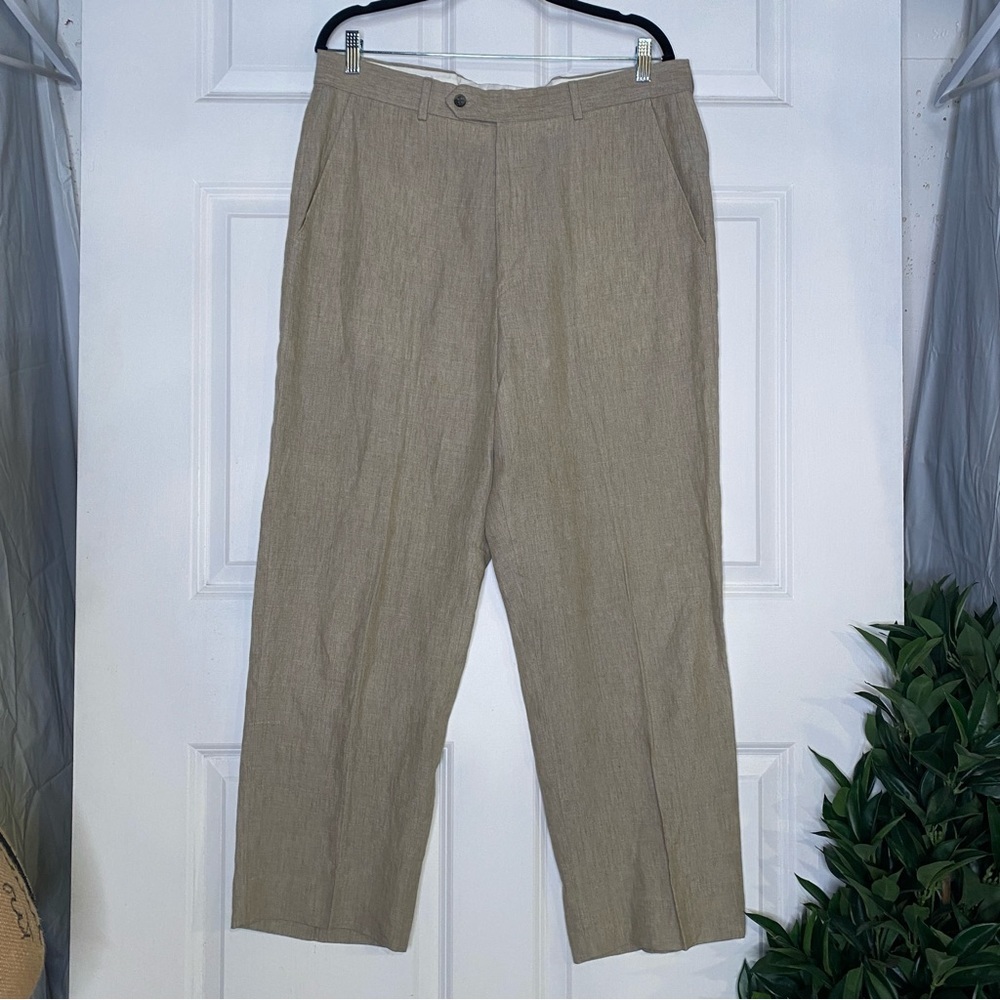 Paul Fredrick Plaid Linen Flat Front Beige Tan Suit Pants Size 36